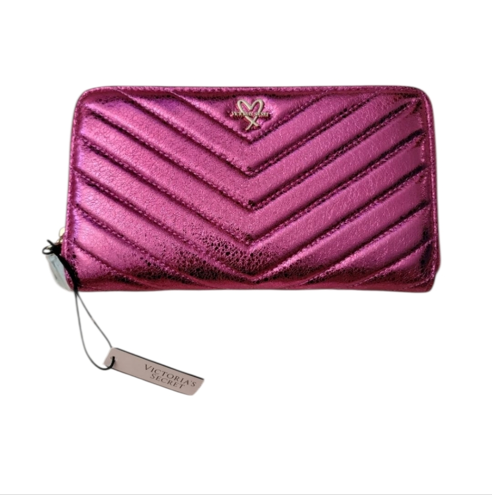 Victoria's Secret V quilt pink metallic crackle wallet
